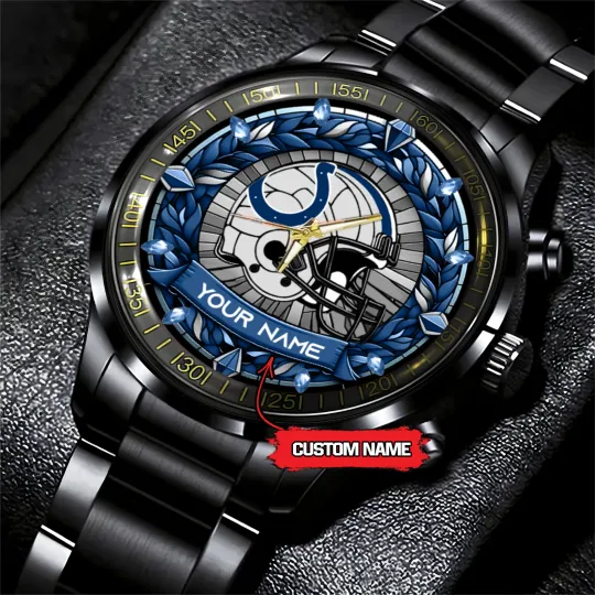 Indianapolis Team Colts  New Stained Glass Art Black Stainless Steel Watch