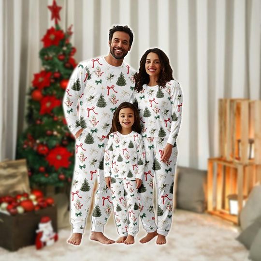 Christmas Tree Bows Family Pajama Set, Merry Christmas Holiday Loungewear