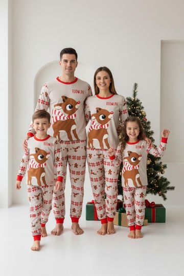 Rudolph Long Sleeve Pajamas Set for Adults, Reindeer Christmas Family Pajamas, Cartoon Holiday Matching Sleepwear