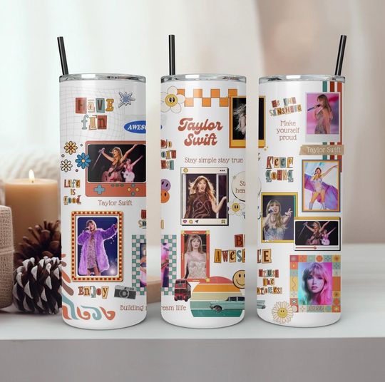 Discover Taylorr Swifts 20 oz hot and cold tumbler with metal straw.