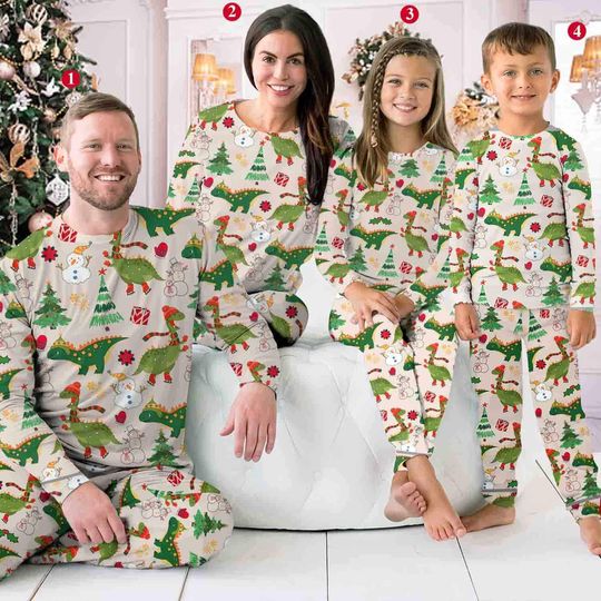 Christmas Santa Dinosaur and Snowmen Family Pajama Set, Funny T-Rex Christmas Sleepwear for Adults