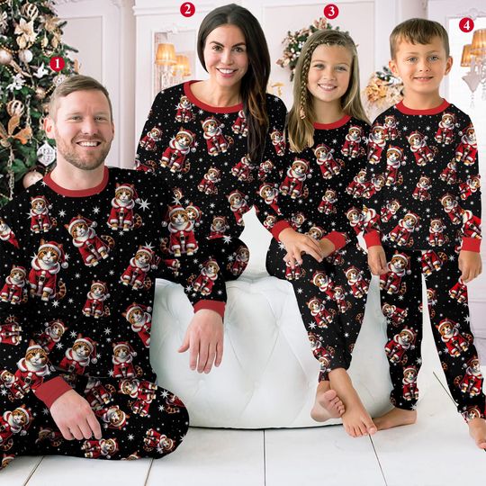 Discover Christmas Cat Pajama Set for Adults, Family Matching Sleepwear, Cute Santa Hat Pajamas for Christmas