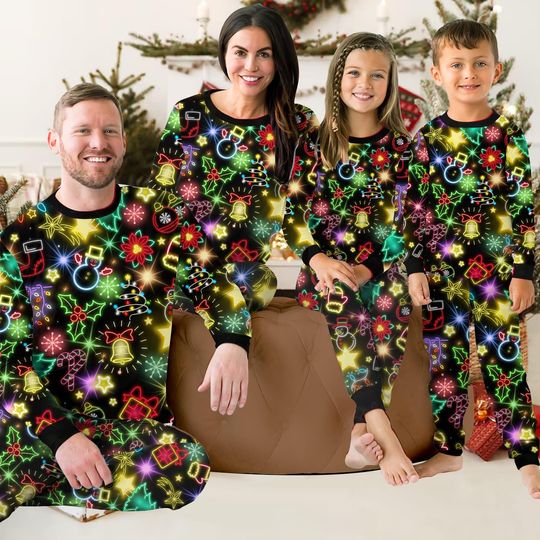 Discover Neon Christmas Family Pajamas Set, Cute Holiday Pajama Set for Adults, Matching Christmas Sleepwear for Family