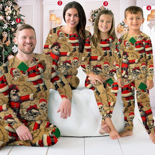 Christmas Pirate Santa & Skull Family Pajama Set, Nautical Holiday Sleepwear for Adults