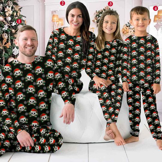 Black Skull Christmas Pajama Set for Family, Santa Hat Sleepwear & Loungewear