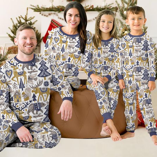 Discover Nordic Christmas Family Pajama Set, Winter Animal & Forest Holiday Sleepwear, Matching Christmas Gift for Family