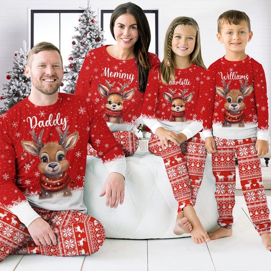 Discover Personalized Christmas Reindeer Family Pajama Set, Custom Holiday Matching Sleepwear