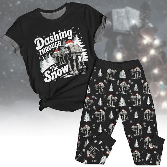 Star Wars Dashing Through The Snow Tshirt And Pants, AT-AT Walker Xmas Pajama, Funny Sci-Fi Matching Pajamas Set, Holiday Gift for Family
