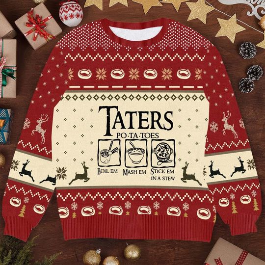 Discover Funny Taters Ugly Christmas Sweater - Lord of the Rings Inspired Holiday Sweater - Boil Em Mash Em Stick Em in a Stew Gift Knit