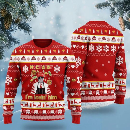 Funny Mac Daddy Ugly Christmas Sweater  Red Wool Holiday Sweater with Cheeseburger Theme  Unique Festive Sweater