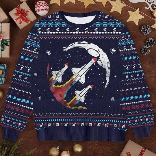 Discover Space Shuttle Launch Ugly Christmas Sweater - Astronaut Moon Holiday Design - Unique Outer Space Festive Gift