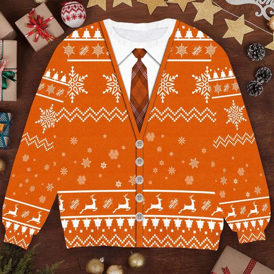Discover Festive Orange Ugly Christmas Cardigan Sweater with Tie Design - Classic Winter Holiday Party Outfit