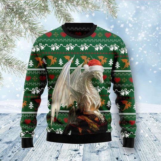 Discover Dragon Ugly Christmas Sweater - Festive Fantasy Holiday Jumper with Santa Hat Design - Unique Christmas Gift for Dragon Lovers