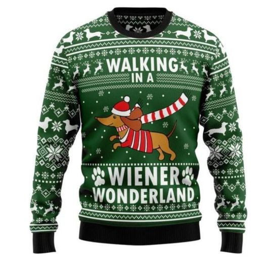 Walking in a Wiener Wonderland Ugly Christmas Sweater  Funny Dachshund Holiday Sweater