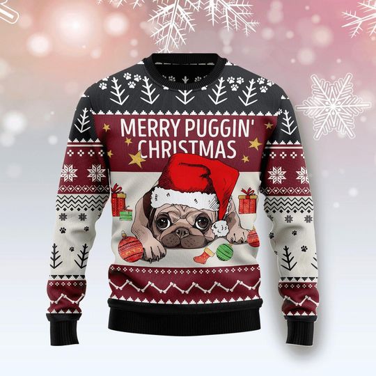 Discover Merry Puggin' Christmas Ugly Sweater - Funny Pug Holiday Jumper - Festive Christmas Gift for Dog and Pug Lovers