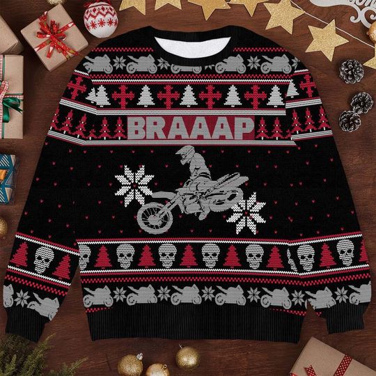 3D Braaap Dirt Bike Christmas Ugly Sweater, Funny Dirt Bike Xmas Sweater, Holiday Motorcycle Sweater