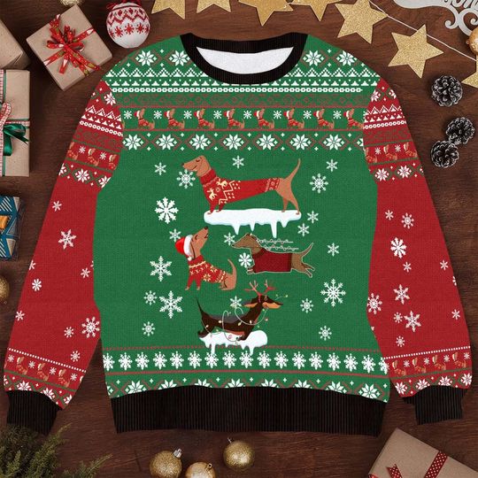 Dachshund Snow Day Ugly Christmas Sweater, Funny Dog Xmas Sweater, Holiday Dachshund Sweater