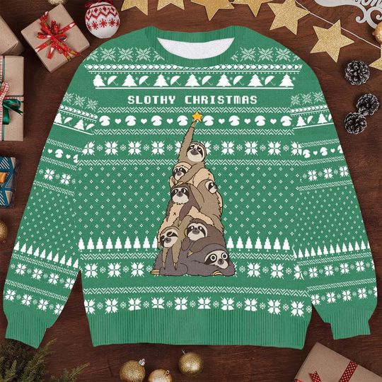 Slothy Christmas Ugly Sweater - Funny Holiday Knit with Sloth Tree Design - Cute and Festive Christmas Sweater
