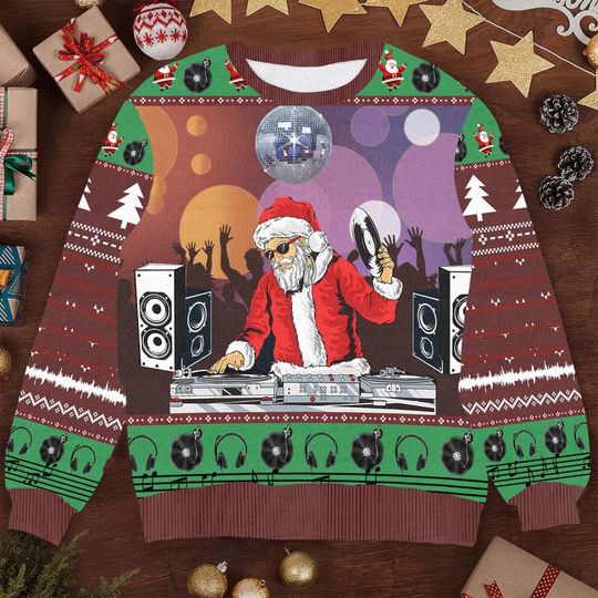Discover DJ Santa Christmas Ugly Sweater, Funny Santa DJ Xmas Sweater, Festive Christmas Sweater
