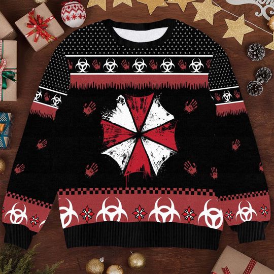 Discover Biohazard Umbrella Ugly Christmas Sweater - Zombie Apocalypse Holiday Outfit - Festive Horror Themed Sweater