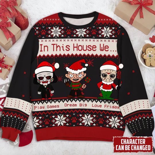 In This House We Customizable Horror Christmas Wool Ugly Sweater - Funny Ugly Wool Holiday Sweater