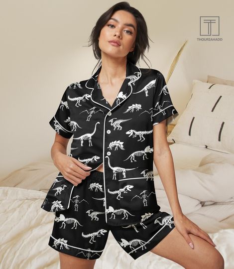 Dinosaur Skeleton Pajama Set with Pockets, Dinosaur Lover Bride Pajamas, Paleontology Pajamas Shorts, T Rex Skeleton Silk Pajamas For Women