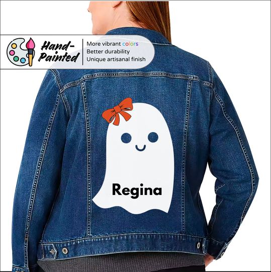 Discover Custom denim jacket, ghost with orange bow design, personalized name, cute Halloween jacket for women & kids, fall fashion