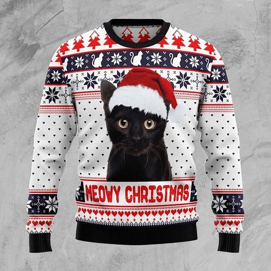 Discover Meowy Christmas Ugly Sweater  Cute Black Cat Holiday Sweater for Cat Lovers