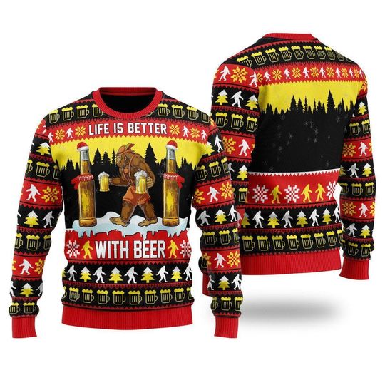 Discover Life Is Better With Beer Ugly Christmas Sweater - Funny Bigfoot Beer Holiday Jumper