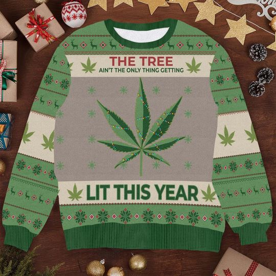 Discover Hobby New Lit This Year Weed Ugly Christmas Sweater, Funny Cannabis Xmas Sweater