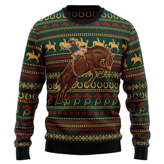 Discover Cowboy Riding Horse Ugly Christmas Sweater - Western Style Knit Holiday Sweater