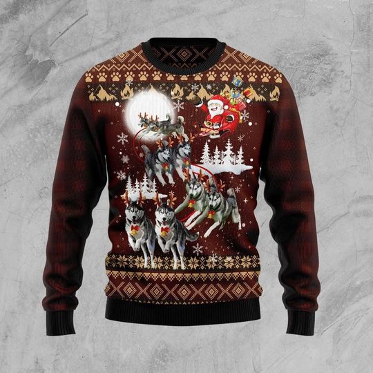 Discover Santa Sleigh with Huskies Ugly Christmas Sweater - Festive Knit Holiday Sweater