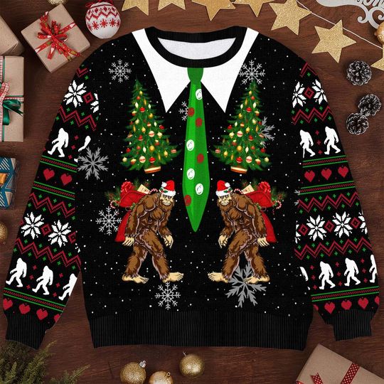Discover Bigfoot Ugly Christmas Sweater - Festive Sasquatch Holiday Design with Tie and Trees