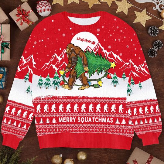Merry Squatchmas Ugly Christmas Sweater - Funny Bigfoot Holiday Design with Christmas Tree