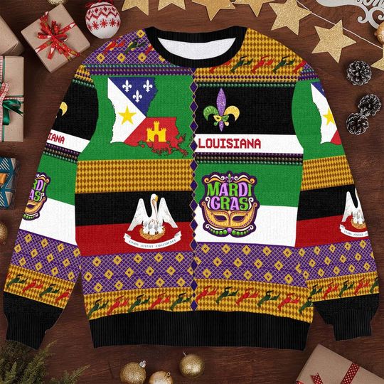 Louisiana Mardi Gras Ugly Christmas Sweater  Festive Southern Heritage Knit