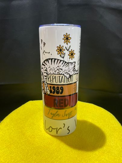 Taylorr Swifts Eras Tour Albums With Flowers and Cat Tumbler 20 oz