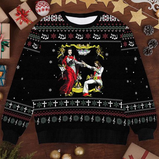 Discover Funny Elvis and Jesus Christmas Sweater - Ugly Xmas Sweater with Musical and Religious Twist