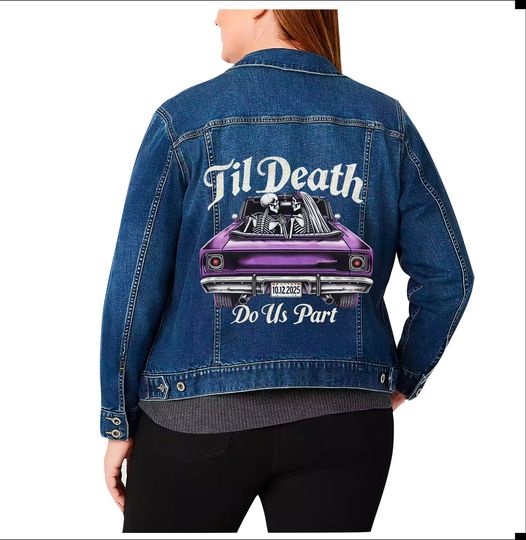 Hand-Painted 'Til Death Do Us Part' Denim Jacket, Custom Skeleton Couple Design on Dark Blue Jean Jacket, Unique Wedding or Anniversary Gift