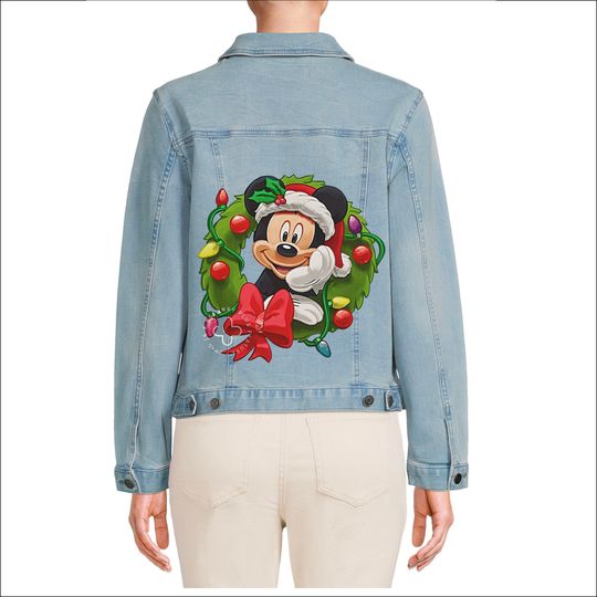 Discover Hand-Painted Christmas Mickey Jean Jacket  Custom Holiday Denim Jacket with Mickey Mouse Wreath  Perfect Gift for Disney Fans