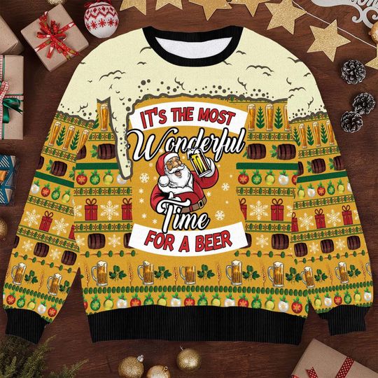 Discover Most Wonderful Time for a Beer Ugly Sweater - Funny Christmas Knit with Santa and Beer