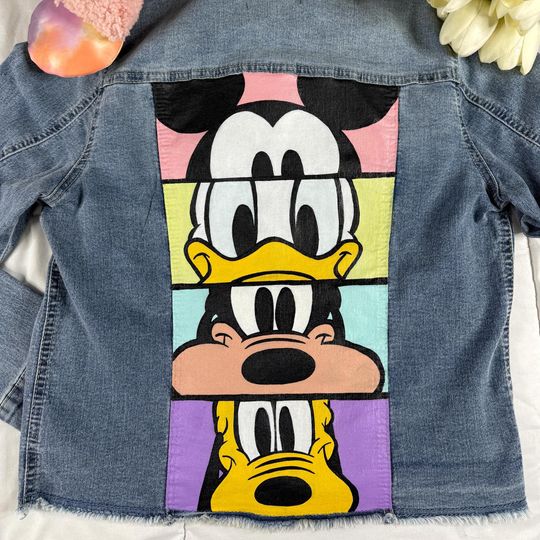 Discover Hand-Painted Mickey & Friends Denim Jacket  Custom Disney Jean Jacket  Mickey, Donald, Goofy and Pluto Pop Art Design  Disneybound Outfit