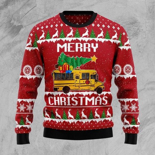 Discover Merry Christmas School Bus Ugly Sweater - Festive Holiday Sweater with Christmas Tree and Gifts - Funny Ugly Xmas Sweatshirt