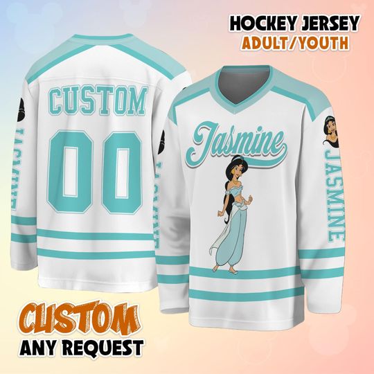 Discover Personalized Disney Princess Jasmine Hockey Jersey, Custom Disneyland Hockey Jersey, Hockey Team, Gift for Disney Fans
