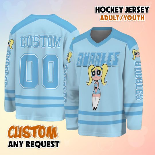 Personalized Bubbles Hockey Jersey, Custom Powerpuff Girls Jersey, Hockey Fan Lover Gift, Hockey Team Outfit