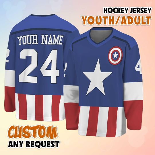 Discover Custom Captain America Hockey Jersey, Personalized Marvel Hockey Jersey, Hockey Fan Lover Gift, Hockey Team Outfit