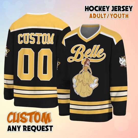 Discover Custom Disney Belle Hockey Jersey, Beauty and the Beast Shirt, Classic Cartoon Team Outfit, Matching Family Hockey