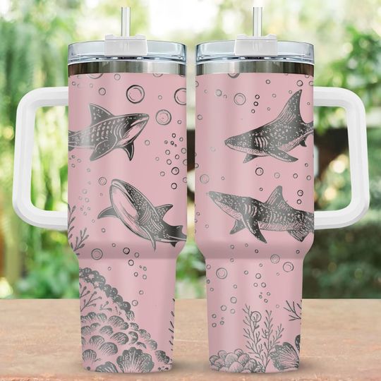 Discover Ocean Whale Shark Engraved 40oz Tumbler, Deep Sea Shark Stainless Steel Tumbler, Beach Drinkware Tumbler For Fan, Ocean Lover 40oz Tumbler