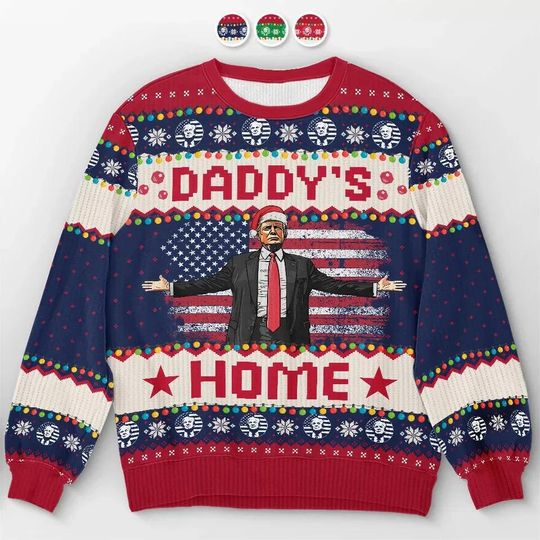 Discover Daddys Home Ugly Christmas Sweater  Patriotic Wool Holiday Sweater - Funny Trump Perfect for Festive Celebrations
