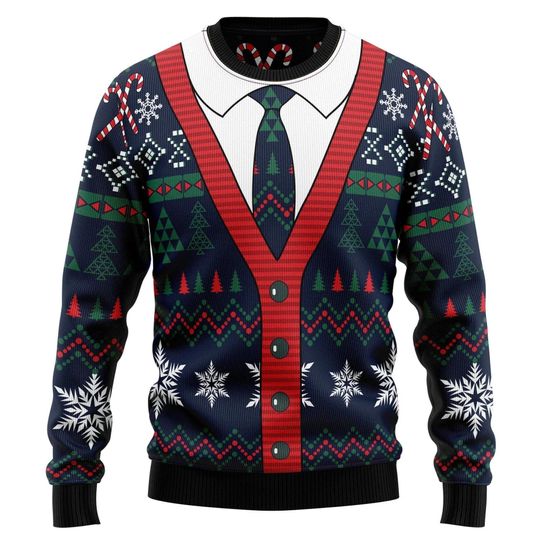 Discover Festive Suit and Tie Ugly Christmas Sweater - Stylish Holiday Knit Sweater with Cardigan Design and Candy Cane Details