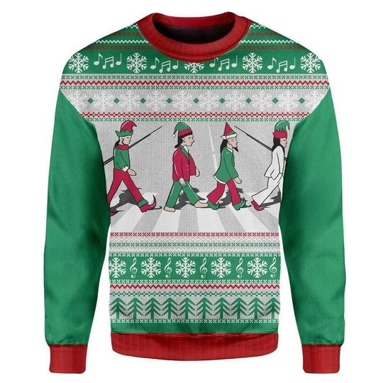 Funny Elf Abbey Road Ugly Christmas Sweater - Festive Music-Inspired Holiday Jumper